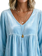 Full Size V-neck Long Sleeve Velvet Blouse Lace Trim Plus (32)