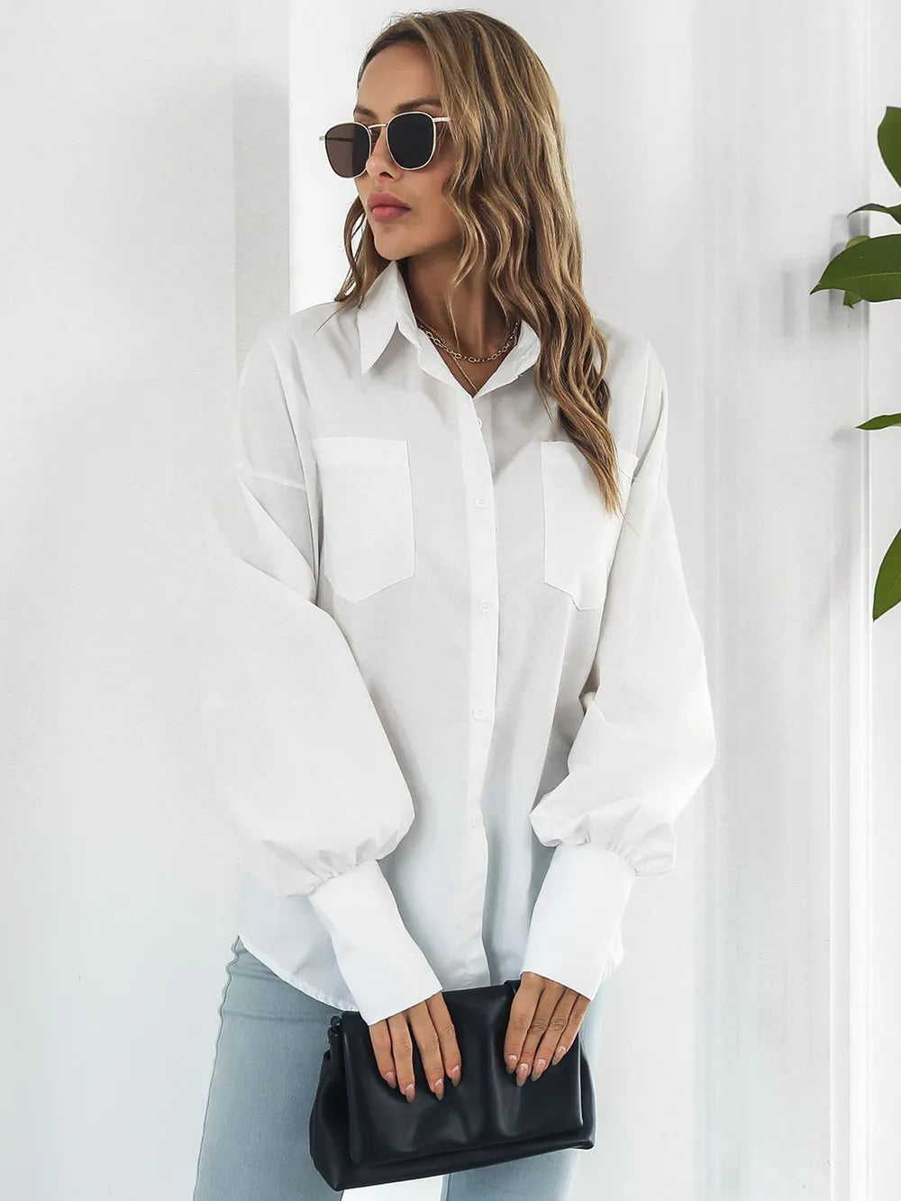 Button Up Dropped Shoulder Lantern Sleeve Shirt (9)