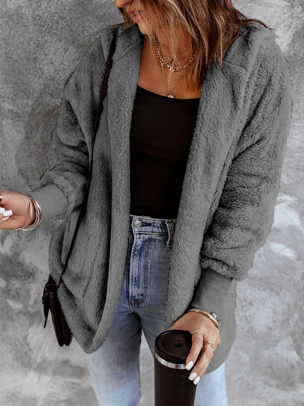 Open Front Hooded Faux Fur Outwear Pockets (8)