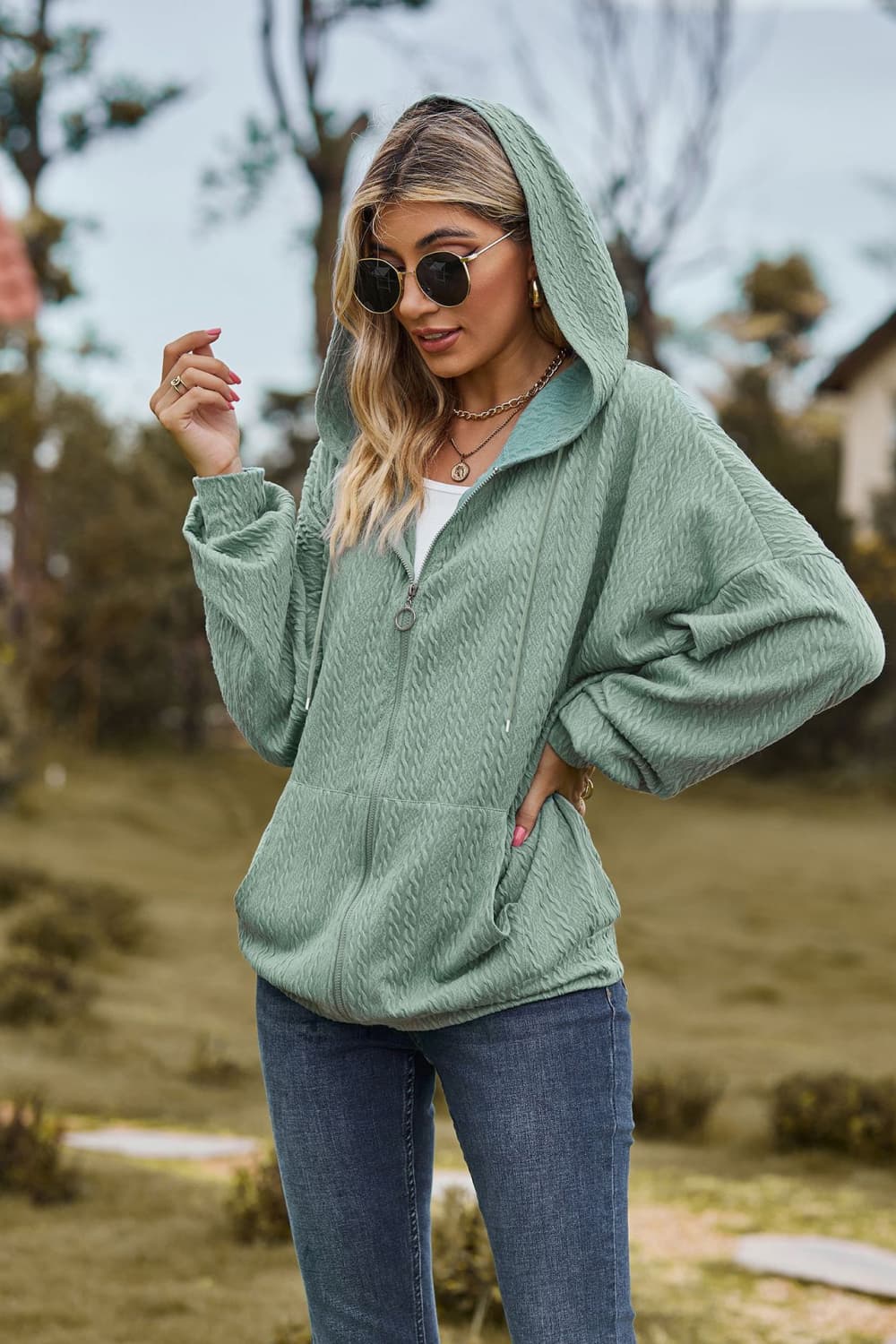 Cable-knit Long Sleeve Hooded Jacket (8)