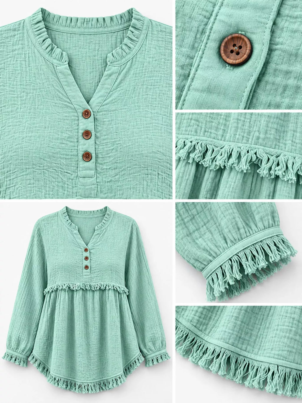 Full Size Frayed Hem Button Detail Blouse Plus (40)