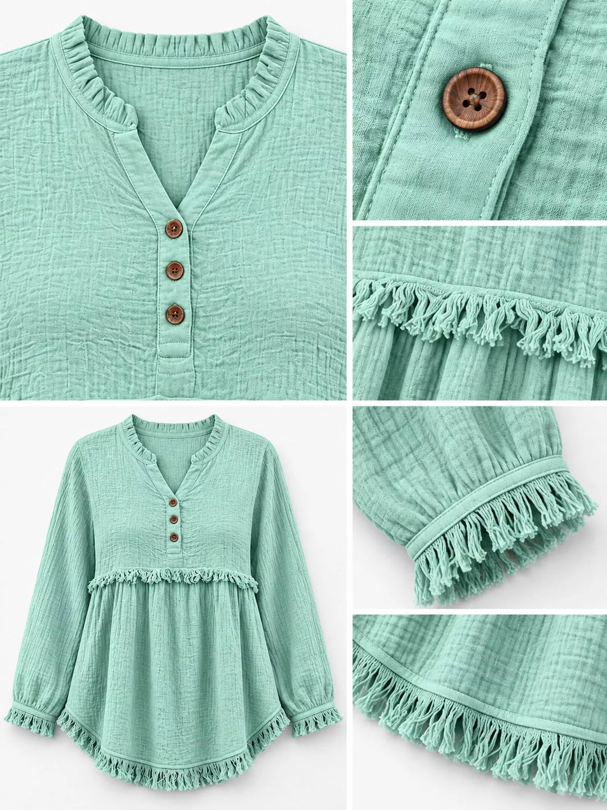 Full Size Frayed Hem Button Detail Blouse Plus (40)