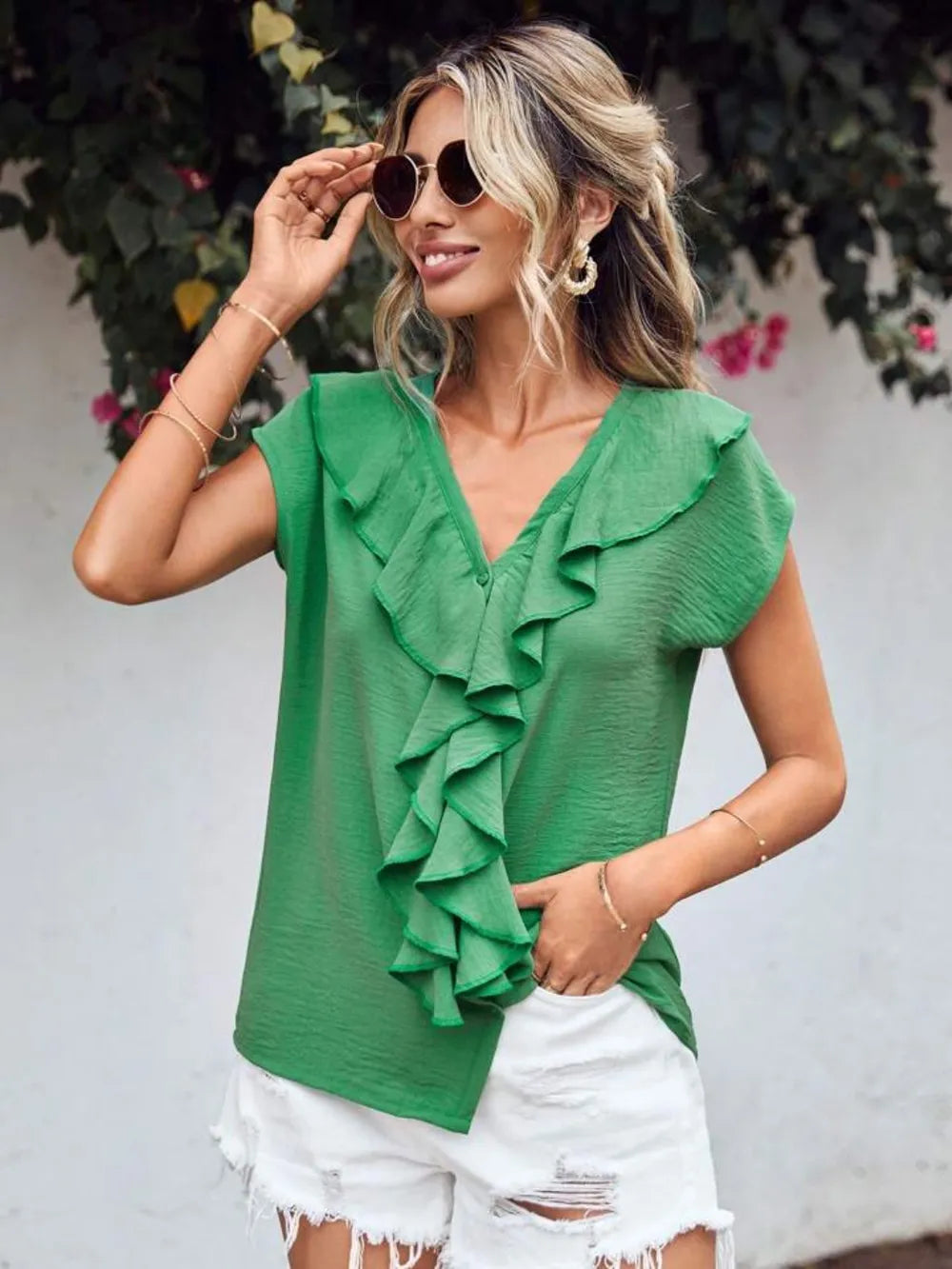 Ruffled V-neck Short Sleeve Blouse (7)