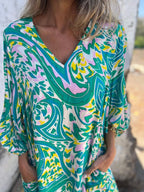 Full Size Printed V-neck Dress Pockets Plus (2)