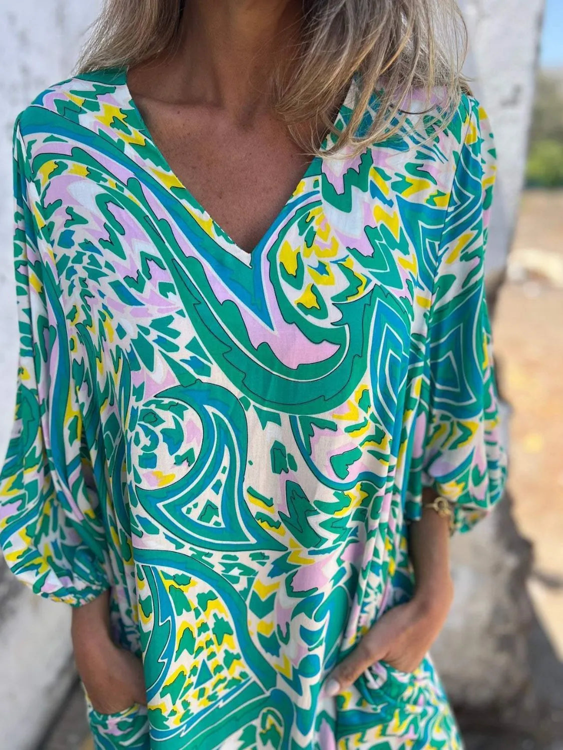 Full Size Printed V-neck Dress Pockets Plus (2)