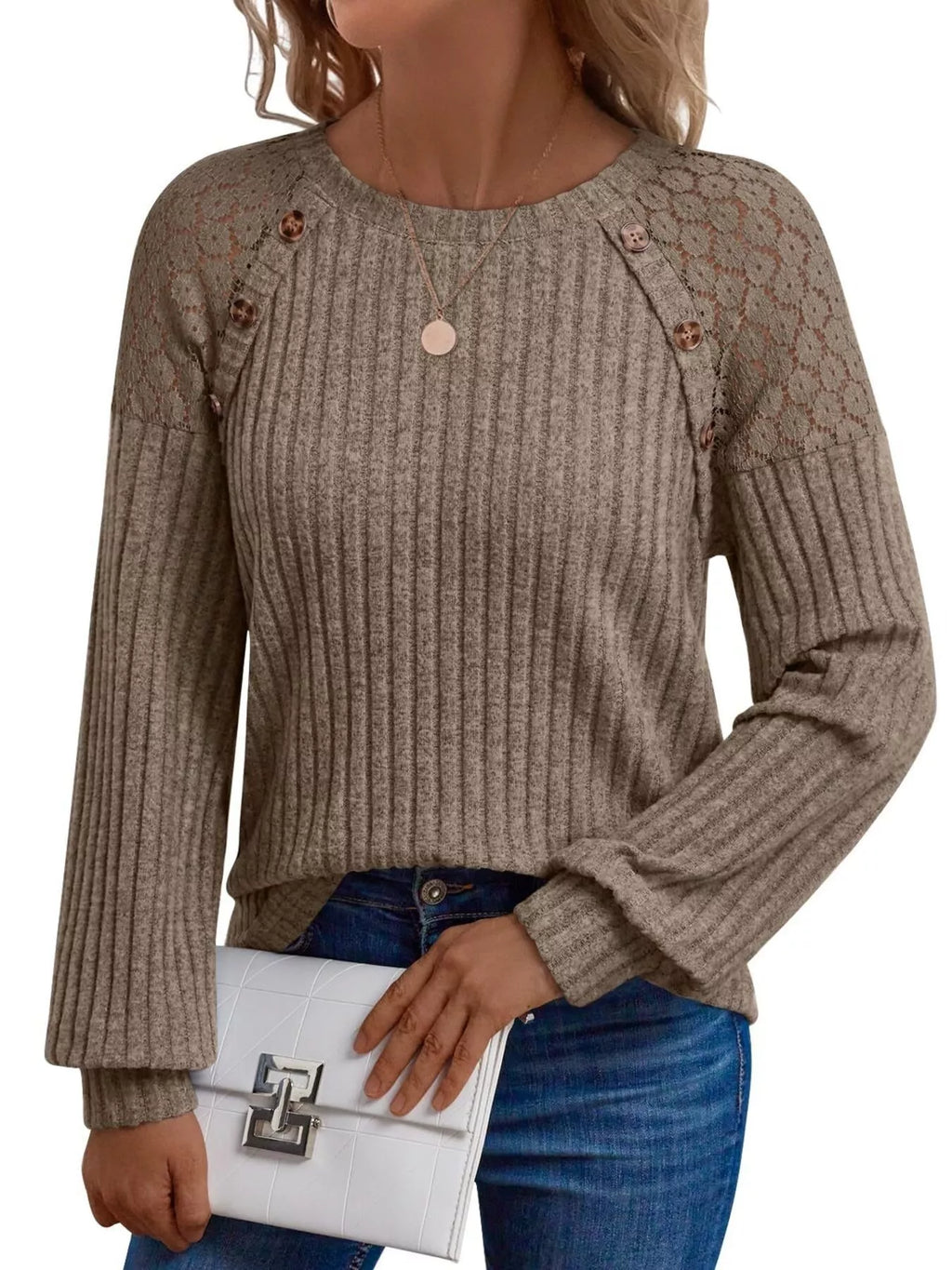 Ribbed Knit T-shirt Lace Shoulder Detail (29)