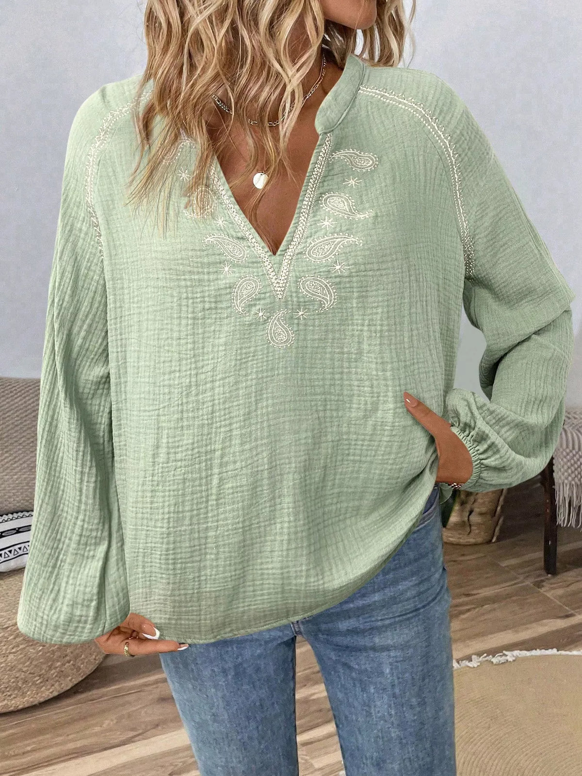 Paisley Notched Balloon Sleeve Blouse (20)