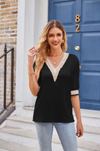 Printed Contrast V-neck Tee (15)