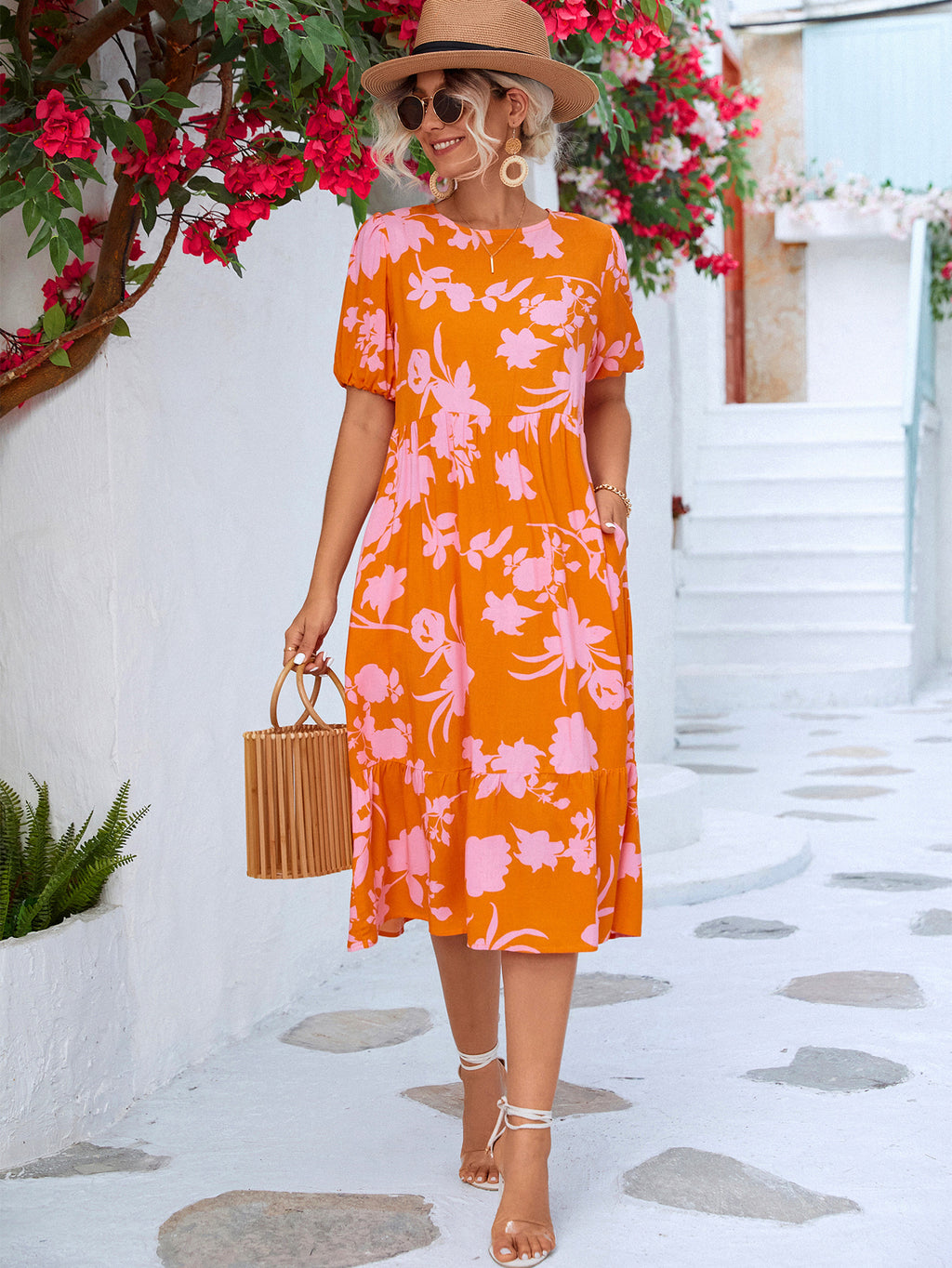 Floral Puff Sleeve Ruffle Hem Midi Dress (4)