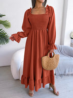 Smocked Square Neck Flounce Sleeve Dress (6)