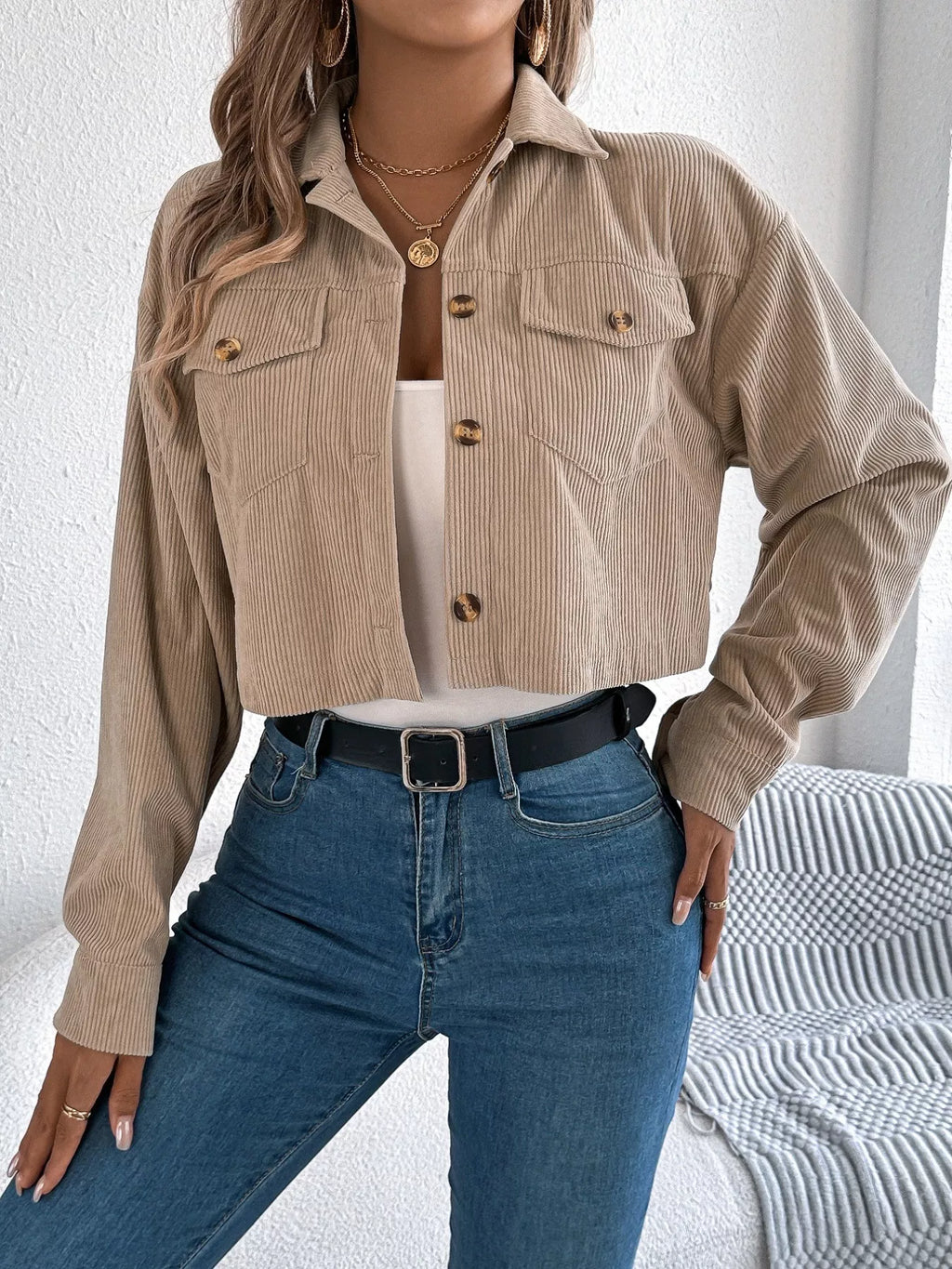 Corduroy Button-up Dropped Shoulder Jacket (16)