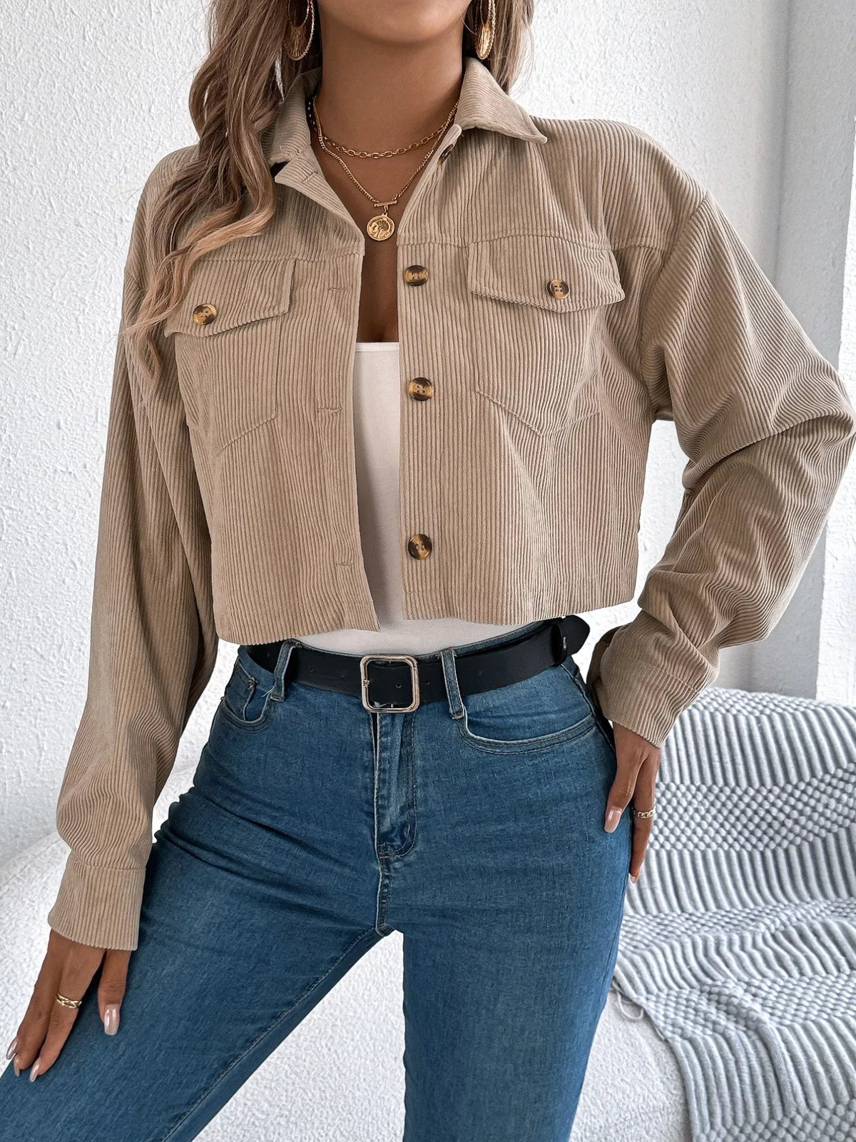Corduroy Button-up Dropped Shoulder Jacket (16)