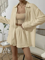 Dropped Shoulder Button Up Top Elastic Waist Shorts Set (15)