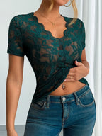 Lace V-neck Short Sleeve Top (2)