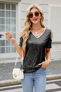 Sequin Crisscross V-neck Cold Shoulder Blouse (5)