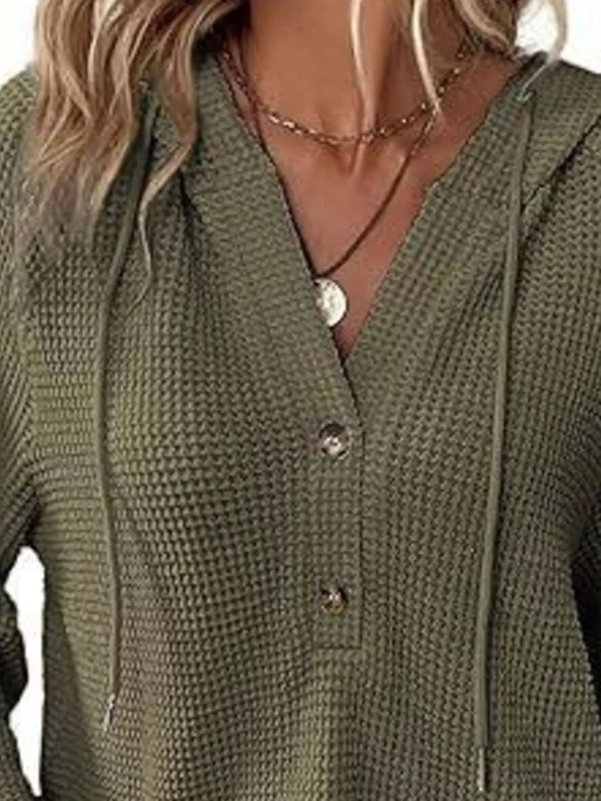 Full Size Button Detail Waffle Knit Hoodie Plus (20)