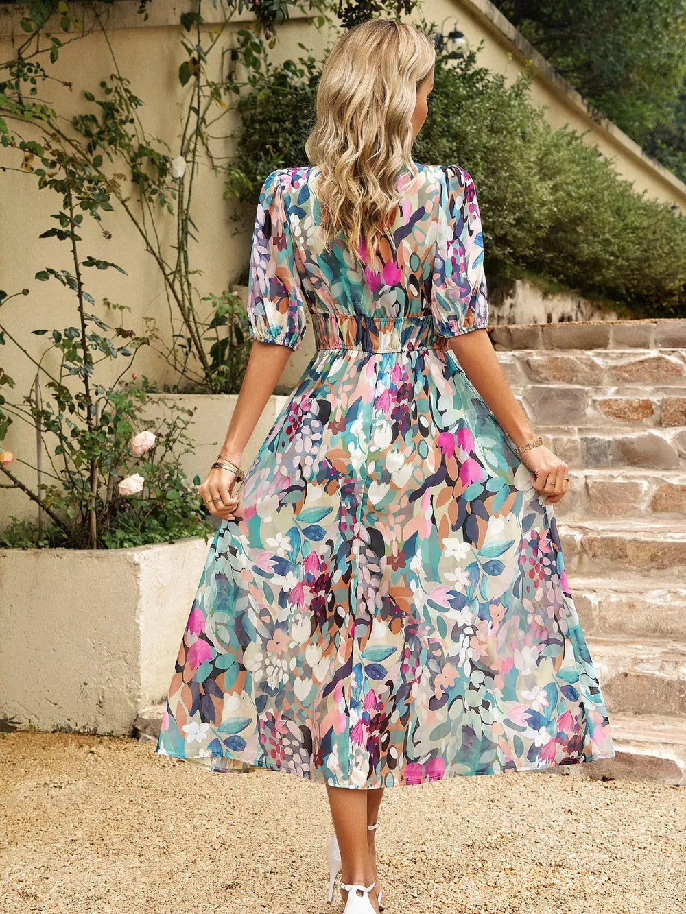 Smocked Printed V-neck Half Sleeve Midi Dress (2)