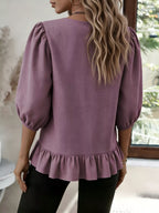 Casual Puff Sleeve Ruffle Hem Blouse (10)