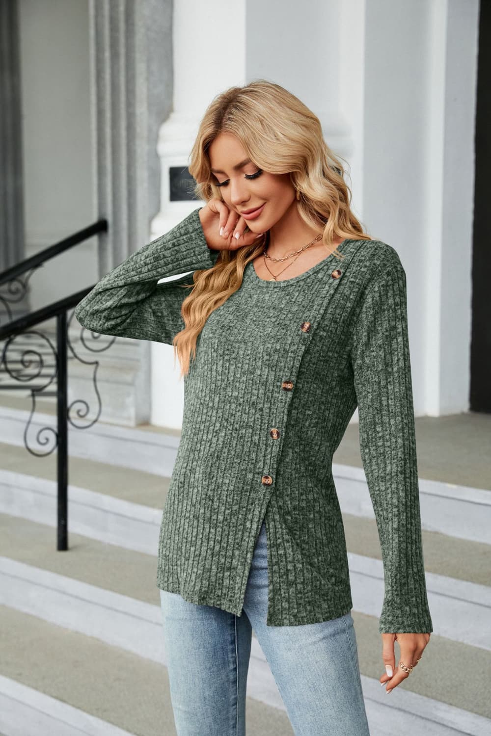 Buttoned Long Sleeve Slit Top (11)