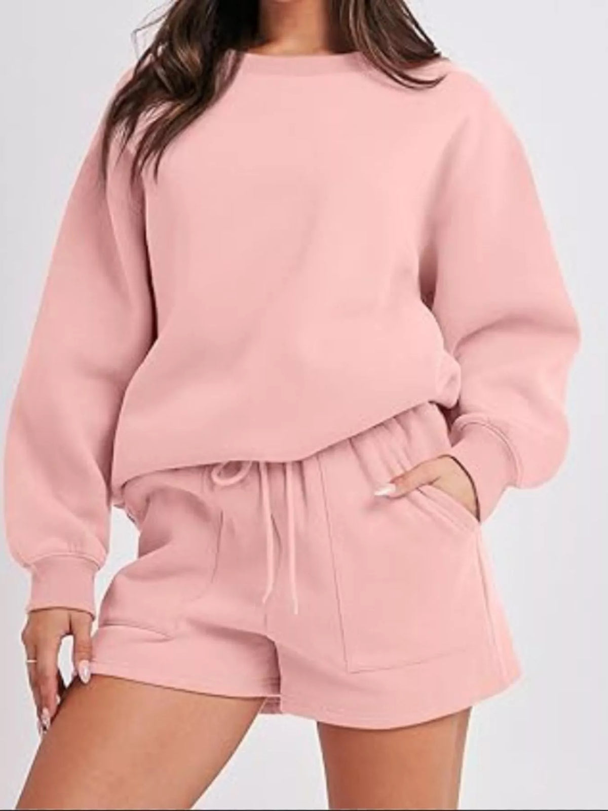 Round Neck Dropped Shoulder Top Drawstring Shorts Set (29)
