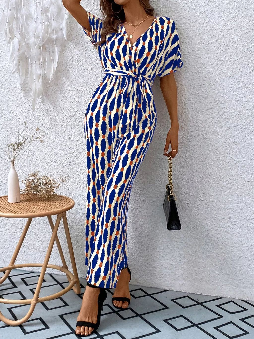 Printed Surplice Tie Waist Short Sleeve Jumpsuit (15)