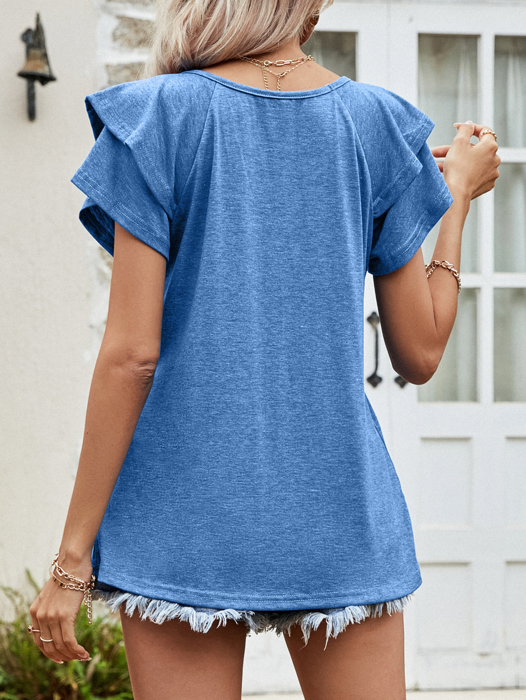Layered Flutter Sleeve V-neck Top (3)