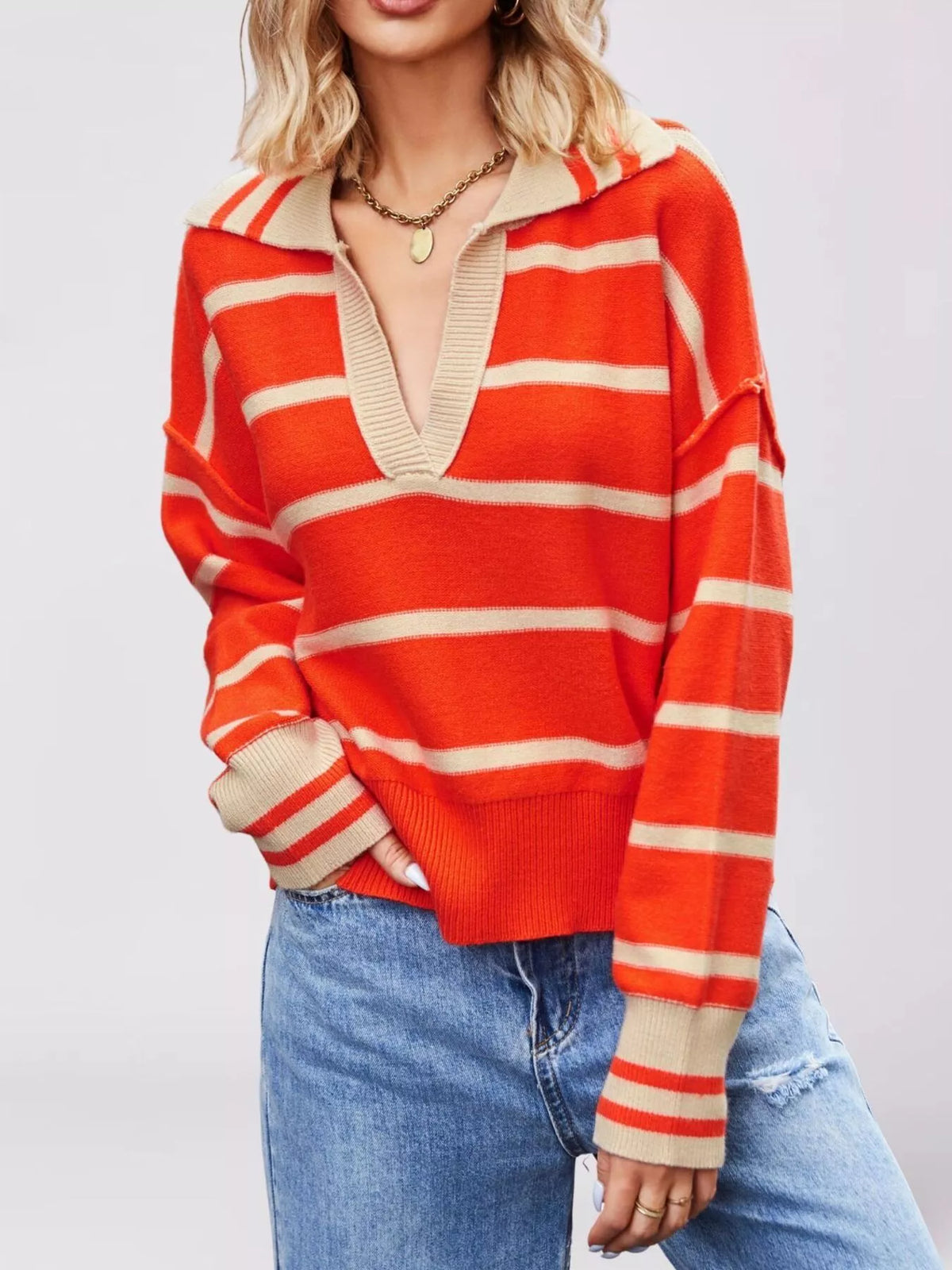 Striped Johnny Collar Dropped Shoulder Sweater (2)