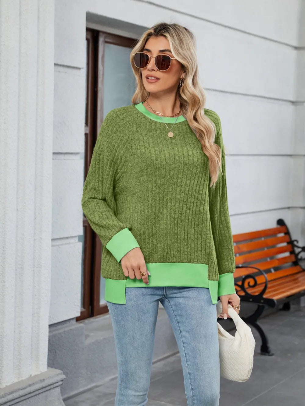 Contrast Trim Round Neck Long Sleeve T-shirt (2)