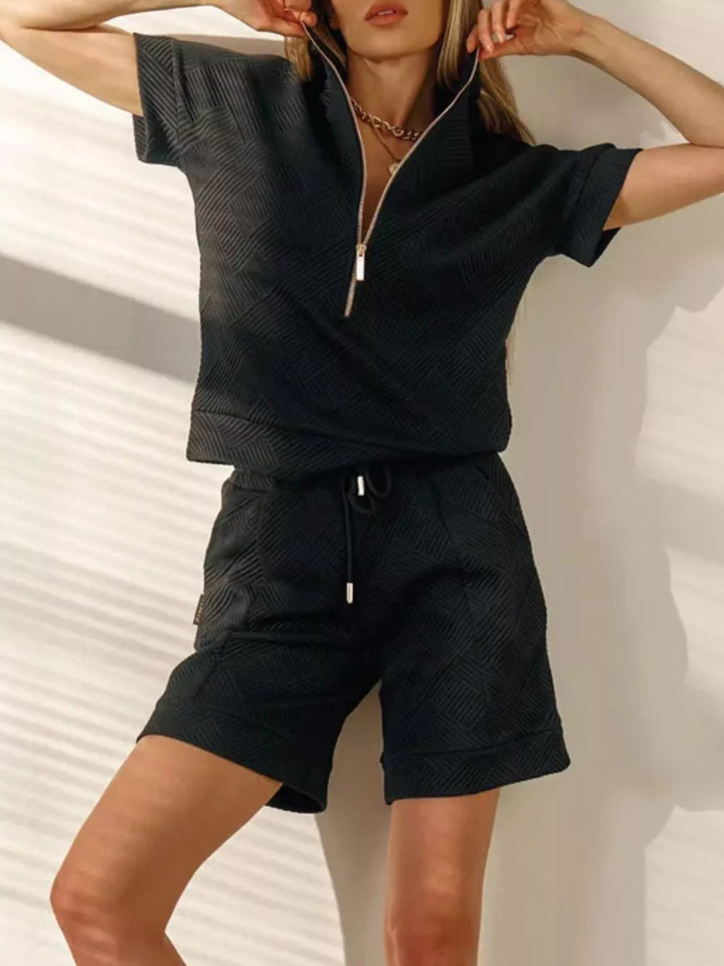 Half Zip Short Sleeve Top Shorts Set (7)