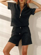 Half Zip Short Sleeve Top Shorts Set (7)