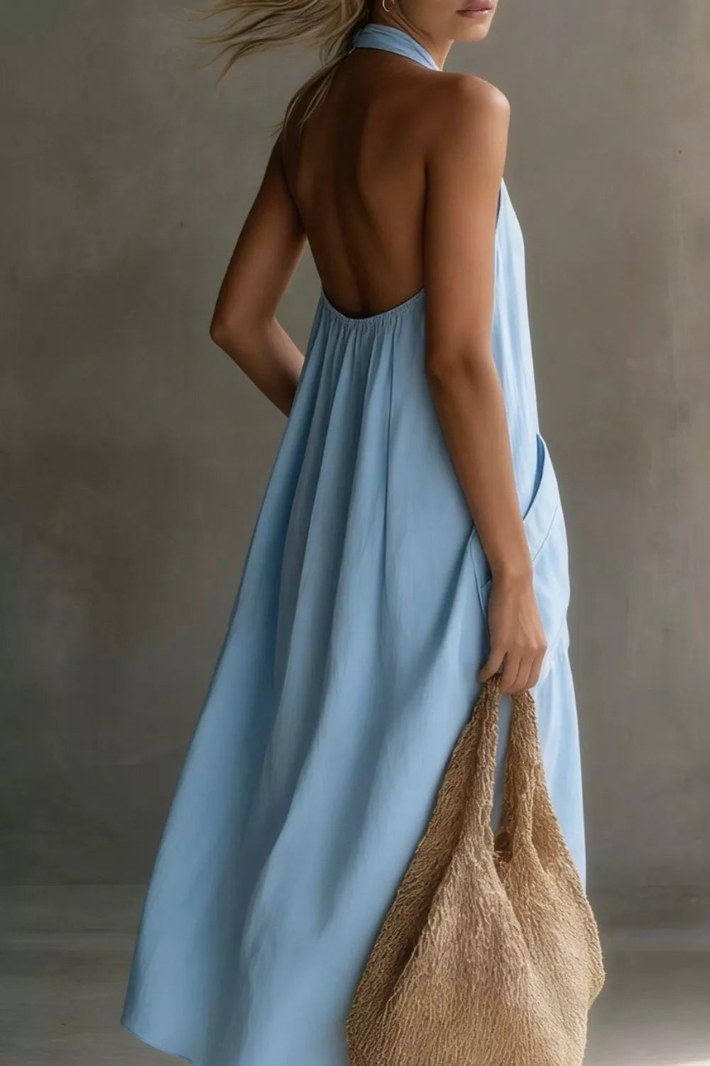 Casual Halter Neck Pocket Midi Dress (3)