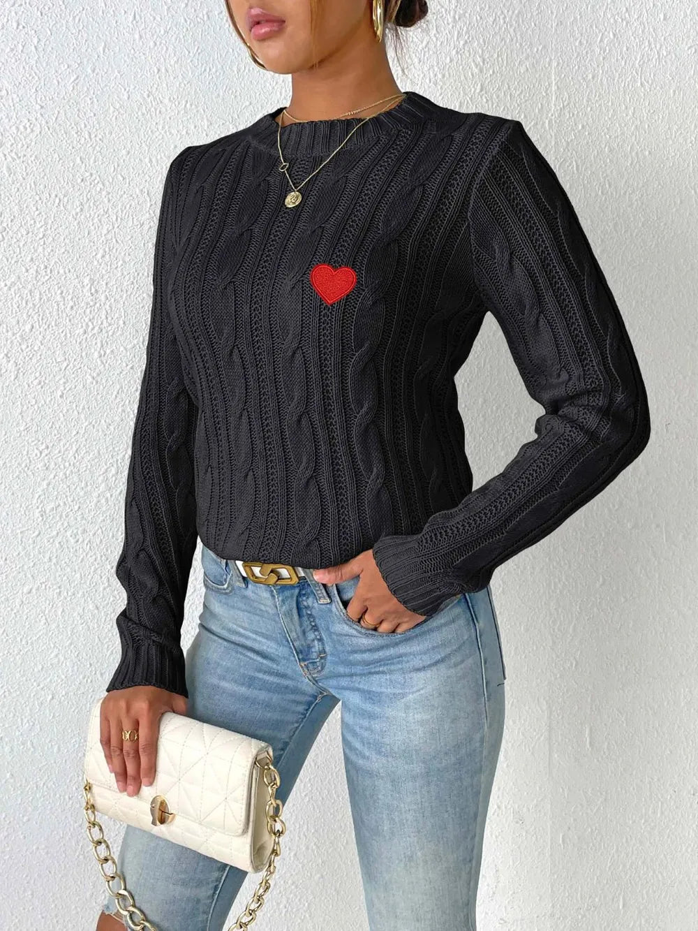 Cable-knit Heart Round Neck Long Sleeve Sweater (6)
