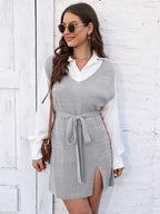 Tie Front V-neck Sleeveless Slit Sweater Dress (9)