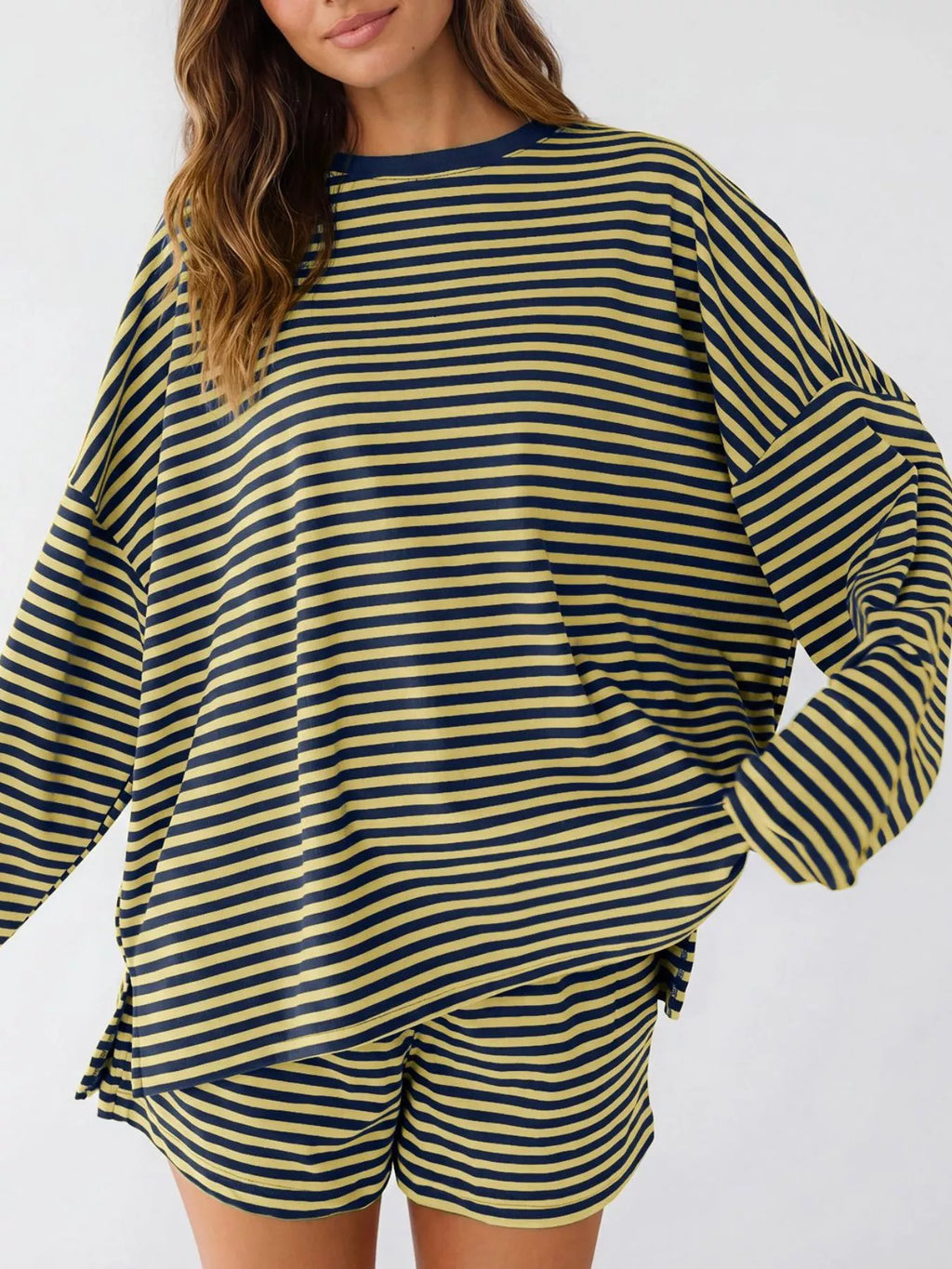 Casual Striped Long Sleeve Top Shorts Set (13)