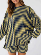 Casual Striped Long Sleeve Top Shorts Set (13)