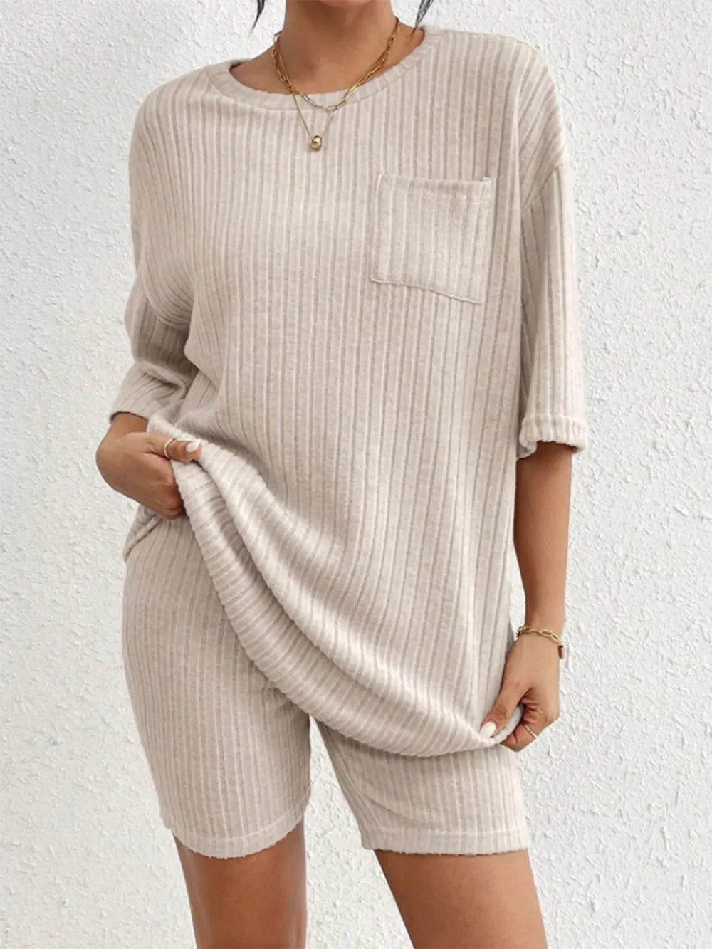 Ribbed Round Neck Top Shorts Set (10)