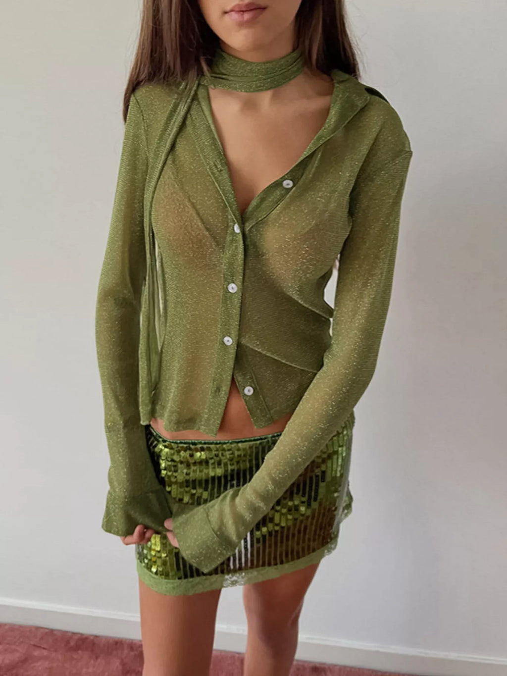 Button Down Long Sleeve Shirt Scarf
