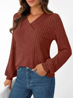 Ribbed Knit V-neck Long Sleeve T-shirt (19)