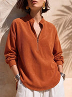 Full Size Half Zip Dropped Shoulder Corduroy Top Plus