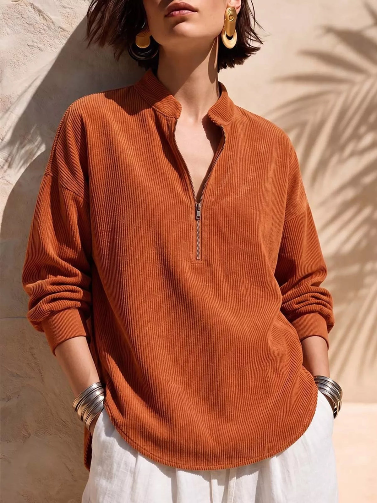 Full Size Half Zip Dropped Shoulder Corduroy Top Plus