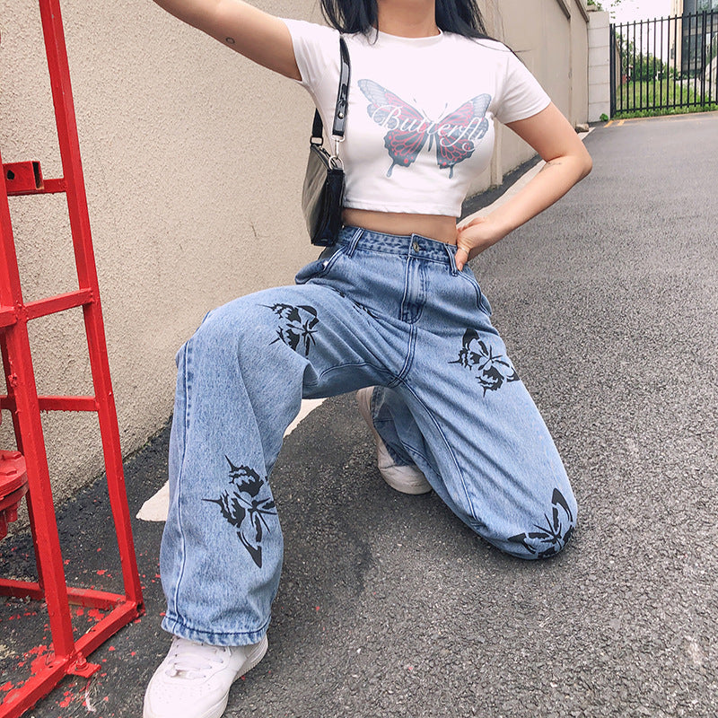 Floral Butterfly Print Wide-leg Jeans photo 1