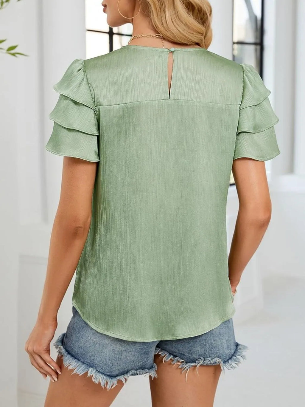 Smocked Round Neck Ruffled Layered Sleeve Blouse (11)
