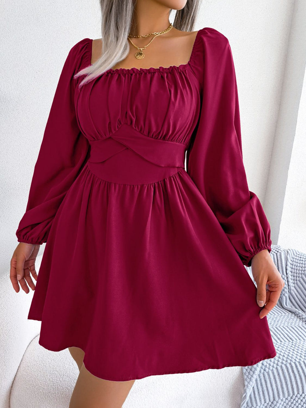 Tied Square Neck Balloon Sleeve Dress (3)