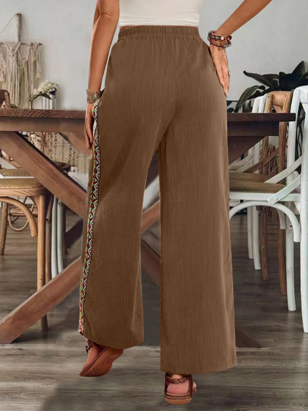 Bohemian Wide Leg Embroidered Side Stripe Pants (3)