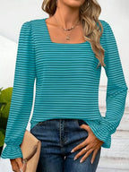 Striped Square Neck Flounce Sleeve Top (28)