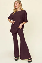Full Size Round Neck Drop Shoulder T-shirt Flare Pants Set (22)