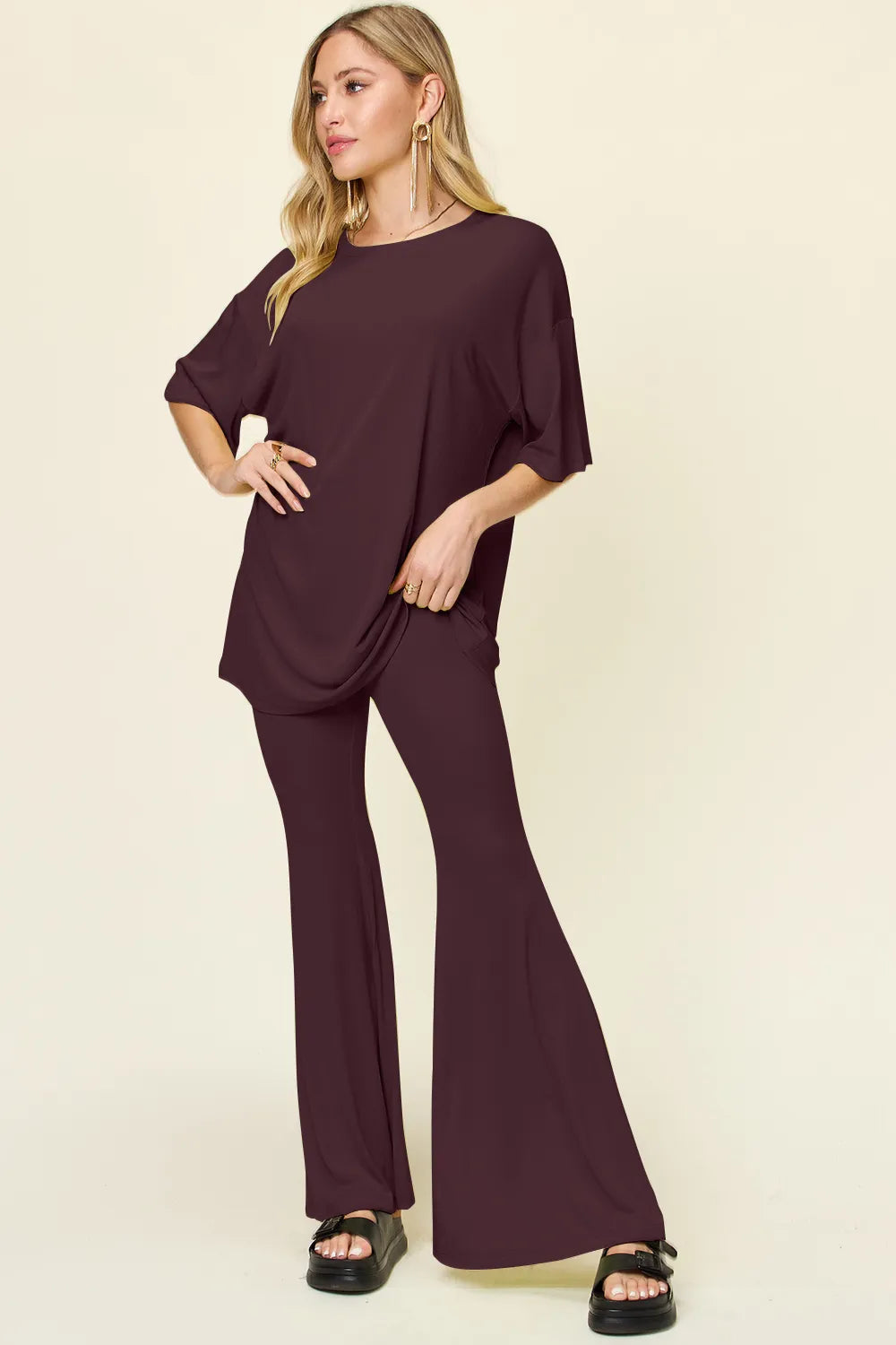 Full Size Round Neck Drop Shoulder T-shirt Flare Pants Set (22)