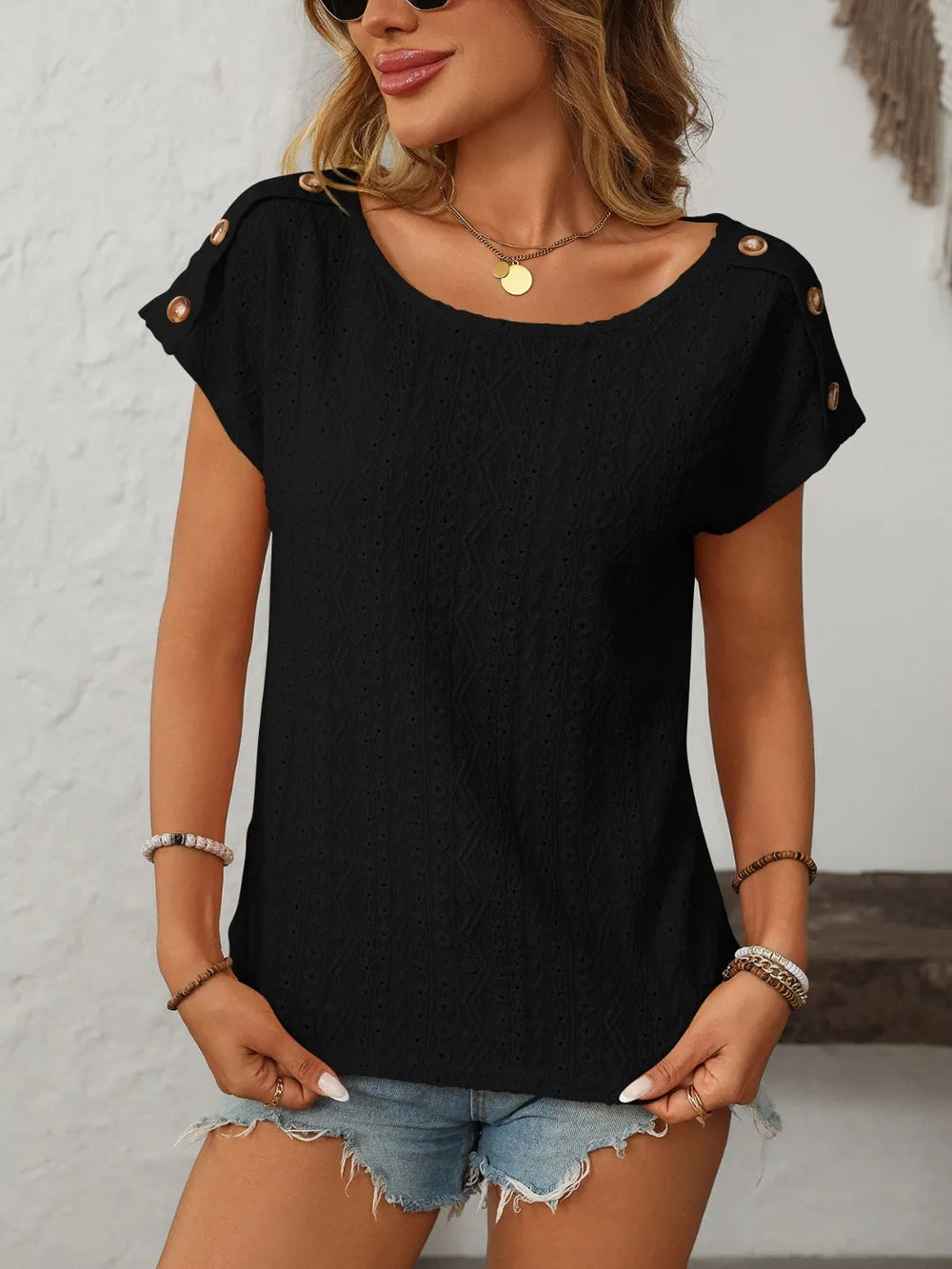 Eyelet Round Neck Short Sleeve Top (20)