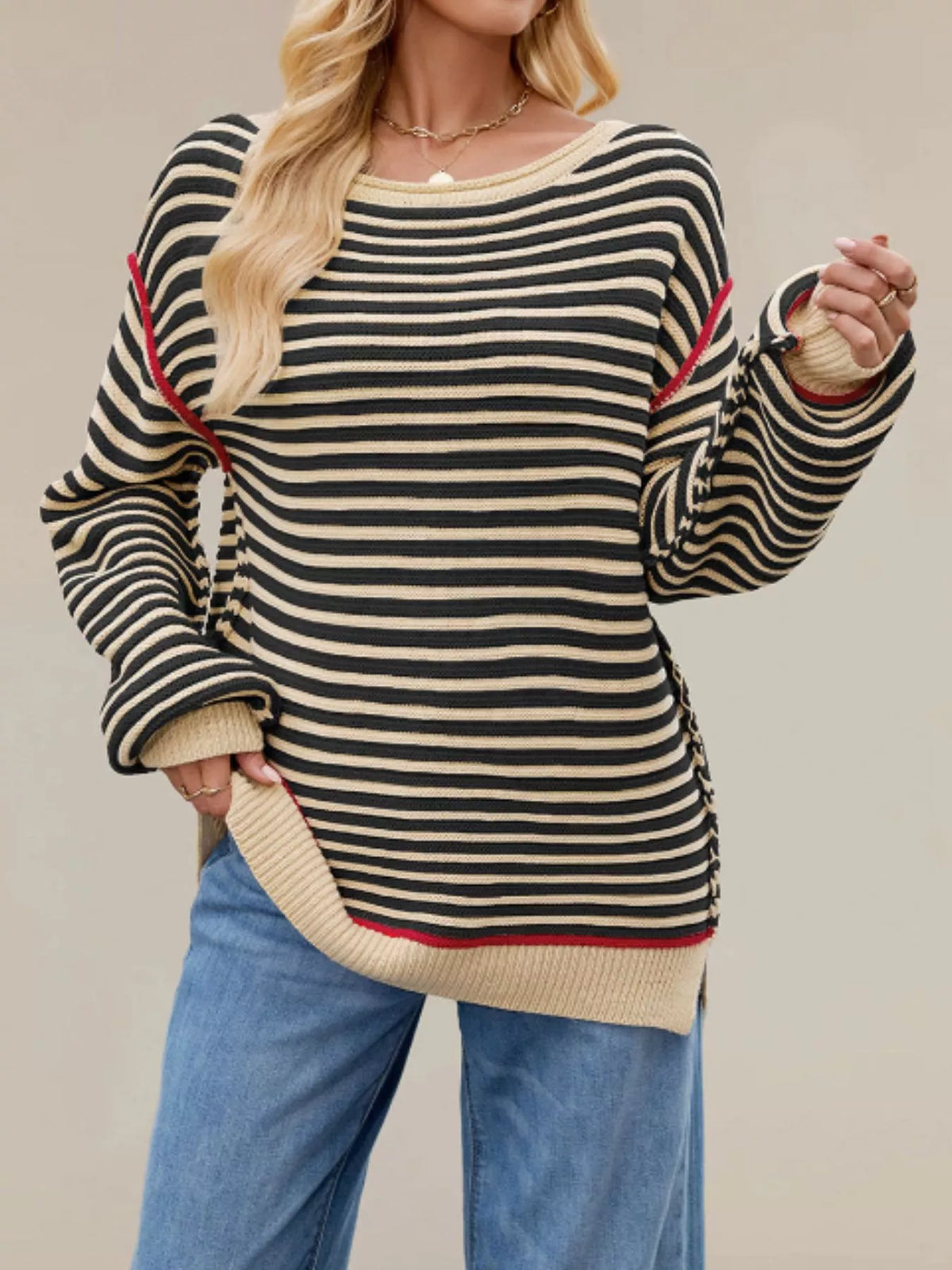 Oversized Striped Dropped Shoulder Sweater (4)