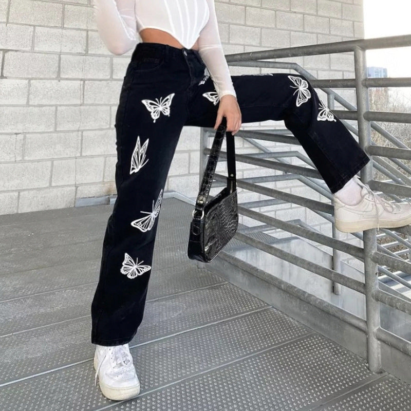 Butterfly Print High-waisted Straight-leg Jeans photo 4